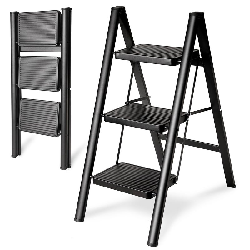 Double Elite Step Ladder 3 Step Folding, Sturdy 330 Lbs Load Small Step Stool for Adults, Safer Full Steel Multi-use Kitchen Ladder for Home, Closet Step Stool Ladder with Wide Pedals, Black, 3-Step - Image 1