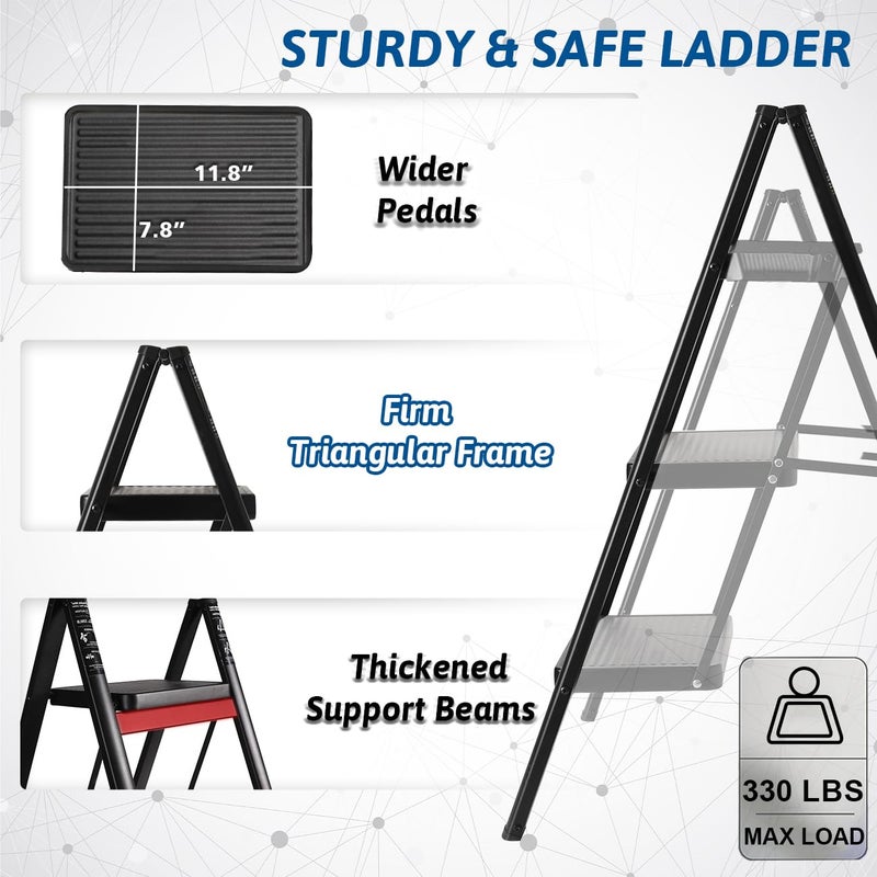 Double Elite Step Ladder 3 Step Folding, Sturdy 330 Lbs Load Small Step Stool for Adults, Safer Full Steel Multi-use Kitchen Ladder for Home, Closet Step Stool Ladder with Wide Pedals, Black, 3-Step - Image 3