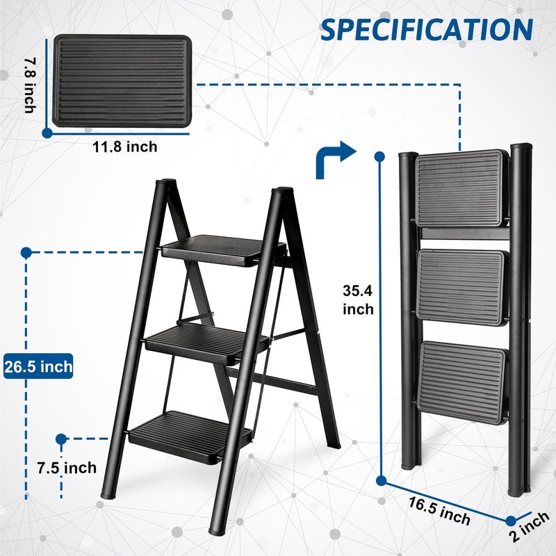 Double Elite Step Ladder 3 Step Folding, Sturdy 330 Lbs Load Small Step Stool for Adults, Safer Full Steel Multi-use Kitchen Ladder for Home, Closet Step Stool Ladder with Wide Pedals, Black, 3-Step - Image 5