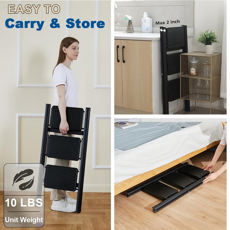 Double Elite Step Ladder 3 Step Folding, Sturdy 330 Lbs Load Small Step Stool for Adults, Safer Full Steel Multi-use Kitchen Ladder for Home, Closet Step Stool Ladder with Wide Pedals, Black, 3-Step - Image 4