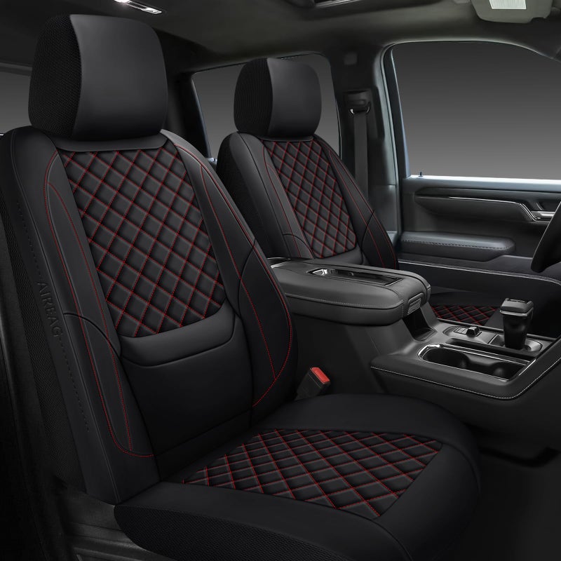 WENNFOUR Silverado Seat Covers 20072026 Full Set Truck Interior Sets Custom Fit for Chevy Chevrolet Silverado GMC Sierra 150025003500HD CrewDoubleExtended Cab with Lumbar Support Black Red - Image 3