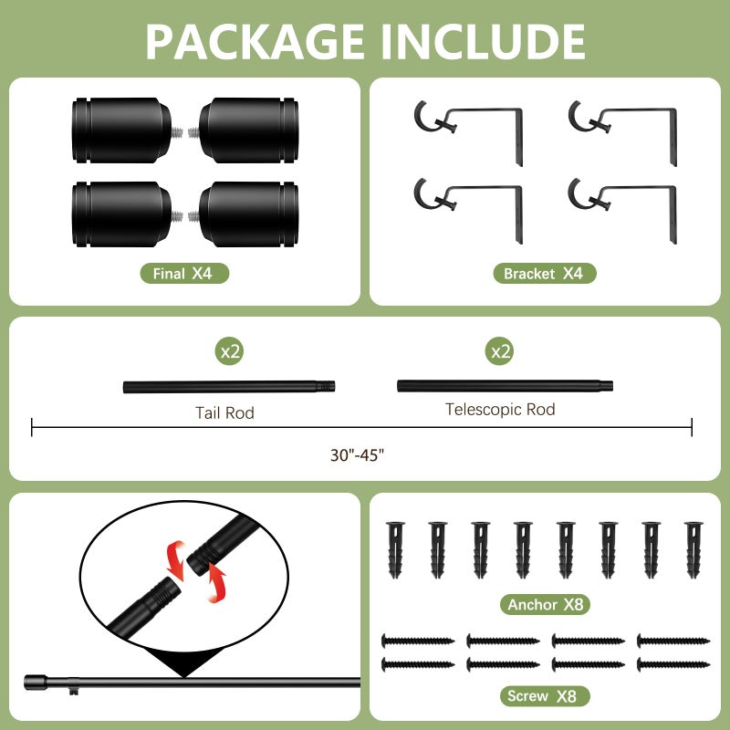 Edidonson 5/8â€ Diameter Curtain Rods 30-45 Inch, for 30-39 Inch Windows, Adjustable Splicing Black Curtain Rods for Windows with Brackets, Window Rod Long Small Curtains Rod, 2 Pack - Image 3