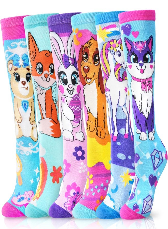ANTSANG Kids Girls Knee High Socks Fashion Funny Crazy Stockings Gift Cute Novelty Long Boot Cotton Socks for Child 6 Pairs(Cartoon Animal A,3-12 Years) - Image 1