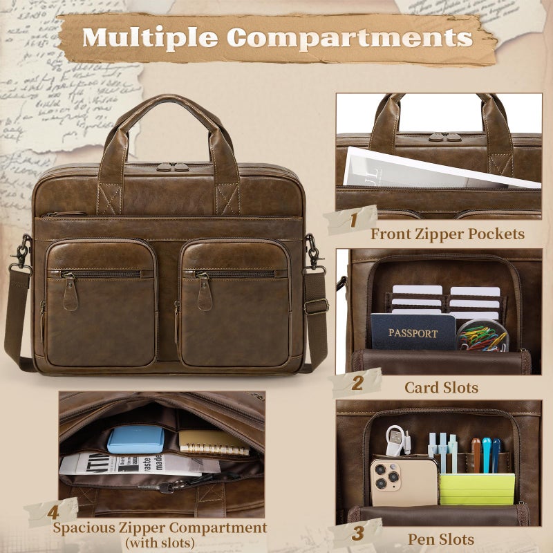 RAINSMORE Vintage Messenger Bag for Men PU Vegan Leather Computer Laptop Bag 15.6 Inch Waterproof Briefcases for Men Retro Mens Briefcase Satchel Bag for Work Office Business Travel Brown - Image 3