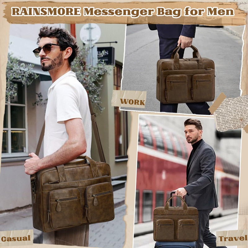 RAINSMORE Vintage Messenger Bag for Men PU Vegan Leather Computer Laptop Bag 15.6 Inch Waterproof Briefcases for Men Retro Mens Briefcase Satchel Bag for Work Office Business Travel Brown - Image 2