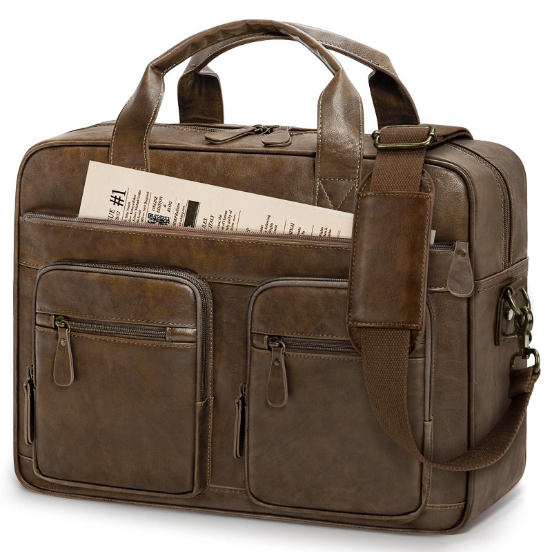 RAINSMORE Vintage Messenger Bag for Men PU Vegan Leather Computer Laptop Bag 15.6 Inch Waterproof Briefcases for Men Retro Mens Briefcase Satchel Bag for Work Office Business Travel Brown - Image 1