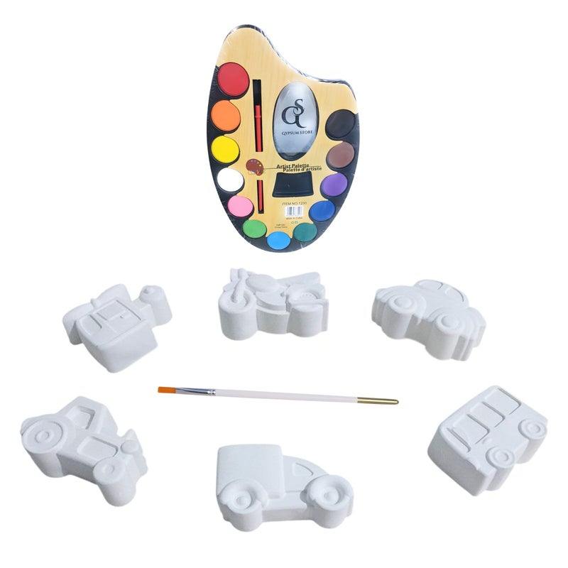 Gypsum Shapes for Coloring -12-Color Watercolor Palette + Bonus Brush, A Complete Art Set Alternative to Screens Develop Children's Skills Through Joyful Activity. (6 Vehicles & Plane)