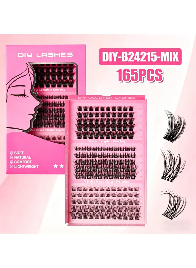 Lash Clusters False Eyelashes, 165Pcs 3 Styles Kit, Pre Bond Pre Glued Self Adhesive Press On Eyelash Clusters, D Curl Wispy Individual Lashes 8-16mm, No Residue DIY Lash Extension for Beginners Salon, Perfect Gift for Ramadan Eid Wedding Party Daily Use - Image 1