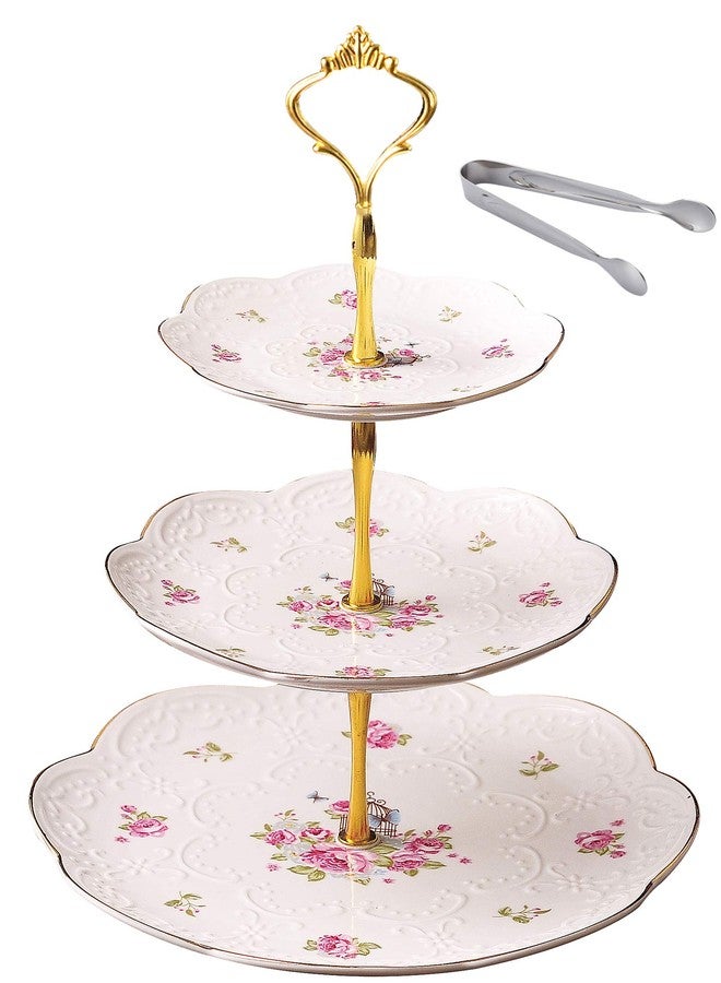 Jusalpha® Elegant Embossed 3-tier Ceramic Cake Stand- Cupcake Stand- Tea Party Pastry Serving Platter in Gift Box and a Free Sugar Tong (FL-Stand 03) - Image 1