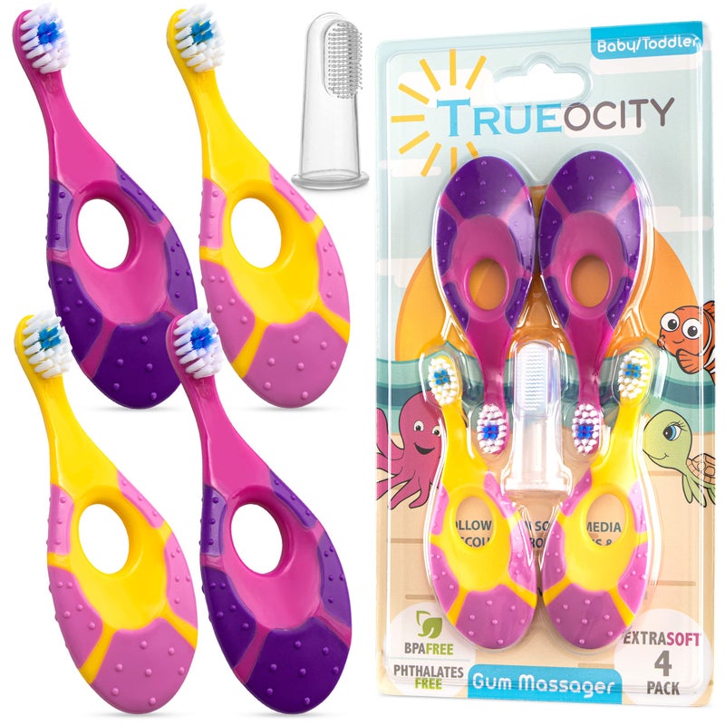 Trueocity Baby Toothbrush 4 Pack Bonus Silicone Finger Brush Soft Bristles Toddler Toothbrushes Infant Training wTeething Handle 02 Years Pink Set