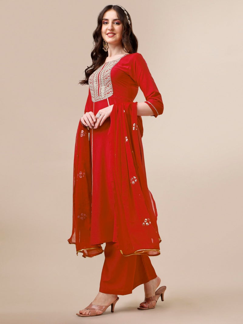 EthnicJunction Women's cotton silk Embroidered Kurta Palazzo and Dupatta Set - Image 4