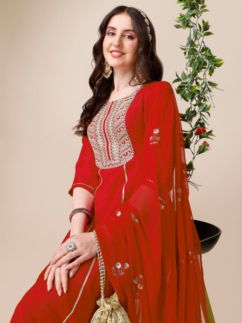 EthnicJunction Women's cotton silk Embroidered Kurta Palazzo and Dupatta Set - Image 2