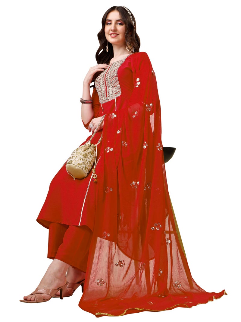 EthnicJunction Women's cotton silk Embroidered Kurta Palazzo and Dupatta Set - Image 1