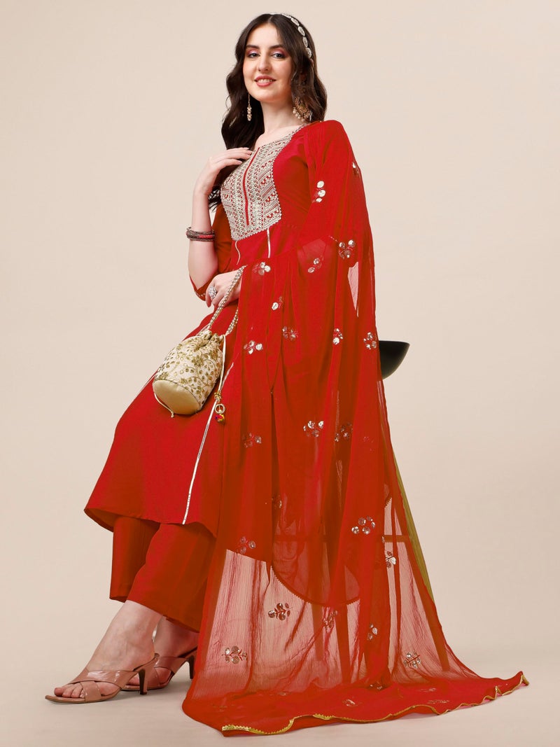 EthnicJunction Women's cotton silk Embroidered Kurta Palazzo and Dupatta Set - Image 3