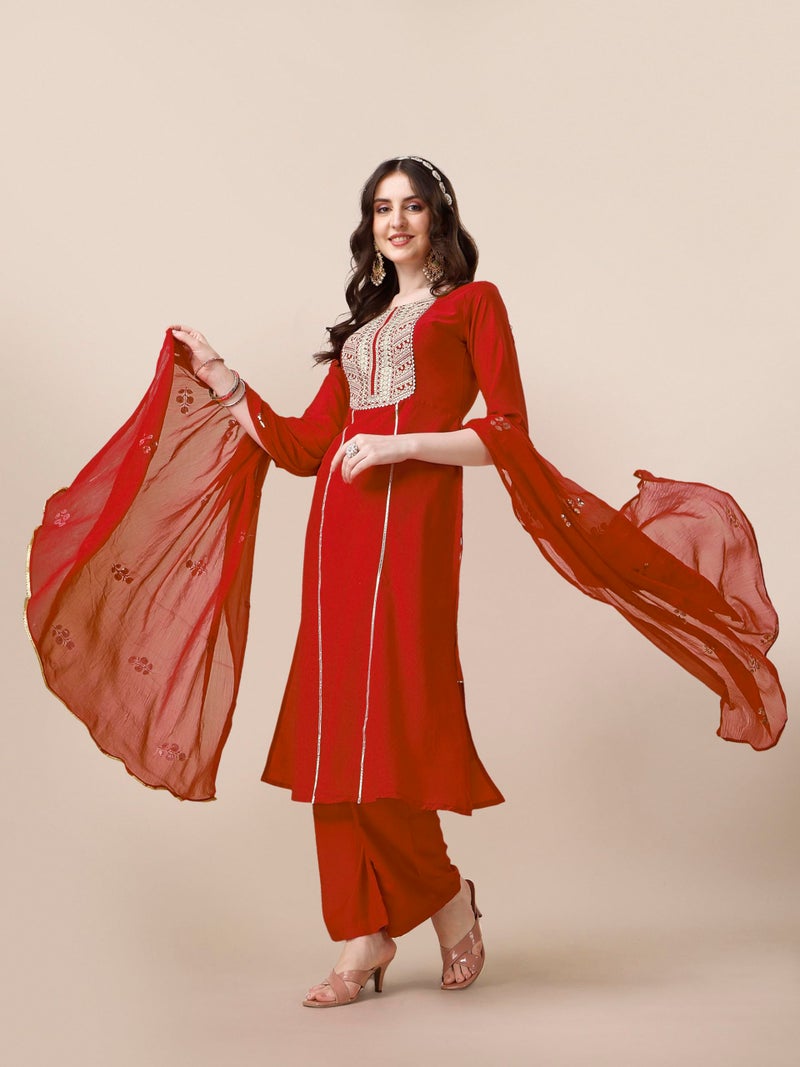 EthnicJunction Women's cotton silk Embroidered Kurta Palazzo and Dupatta Set - Image 5