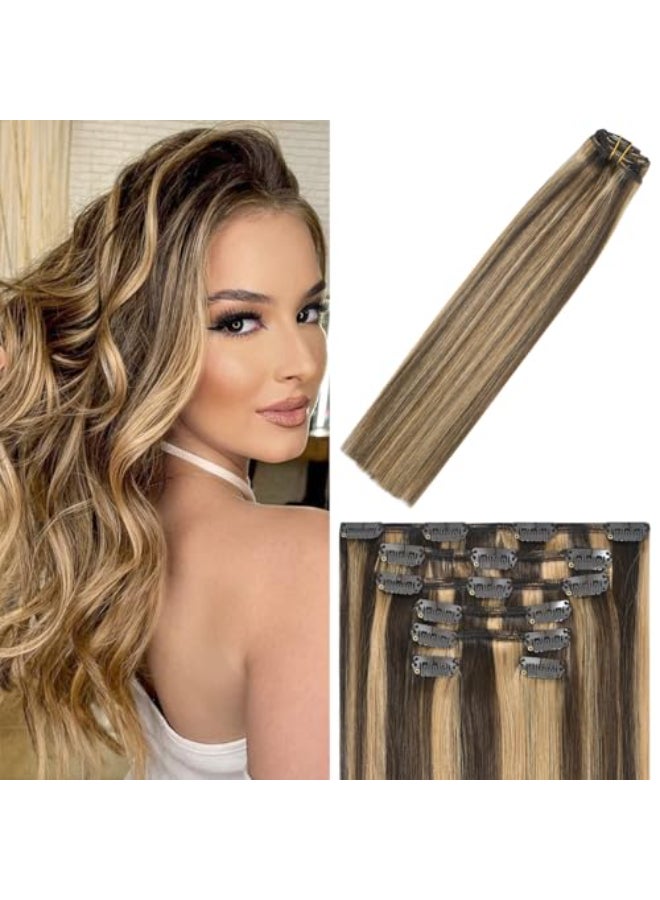WindTouch Clip in Hair Extensions Balayage Chocolate Brown to Dark Blonde 12Inch 75g Human Hair 7PCS 4p27 - Image 1