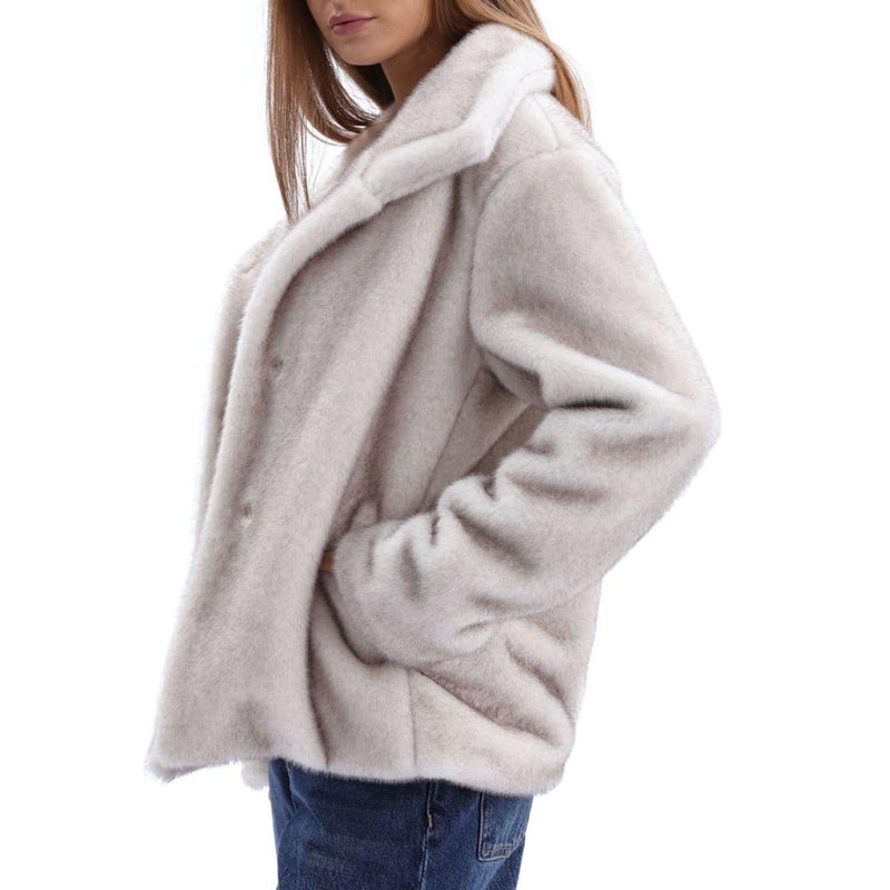 Amazhiyu Women's Faux Fur Coat Winter Long Sleeve Stand Collar Jackets Warm Ivory, Medium - Image 2