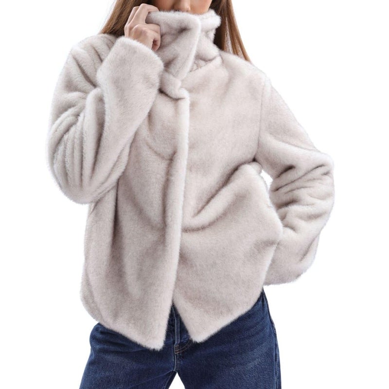 Amazhiyu Women's Faux Fur Coat Winter Long Sleeve Stand Collar Jackets Warm Ivory, Medium - Image 1