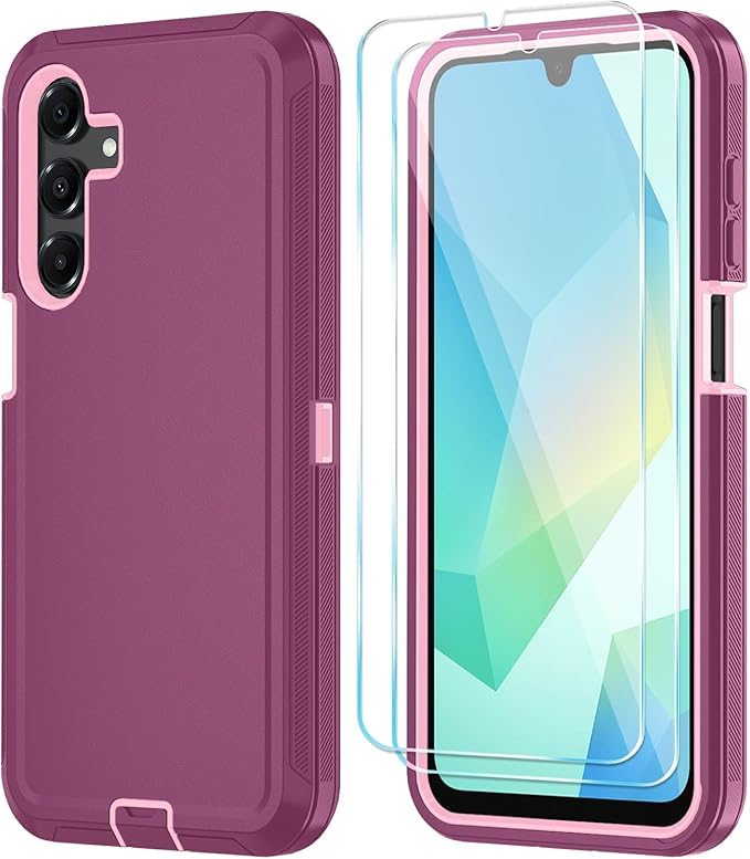 Qinmay Phone Case for Samsung Galaxy A17 5G Case, Galaxy A16 5G Case with HD Screen Protector, Heavy Duty Shockproof 3-Layer Cover Phone Case for Galaxy A17 / A16 ，WineRedPink - Image 1