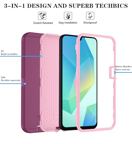 Qinmay Phone Case for Samsung Galaxy A17 5G Case, Galaxy A16 5G Case with HD Screen Protector, Heavy Duty Shockproof 3-Layer Cover Phone Case for Galaxy A17 / A16 ，WineRedPink - Image 5