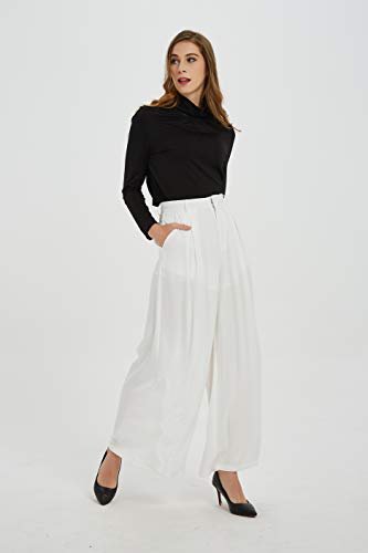 Tronjori Women High Waist Casual Wide Leg Long Palazzo Pants Trousers Regular Size(S,Ivory White) - Image 3