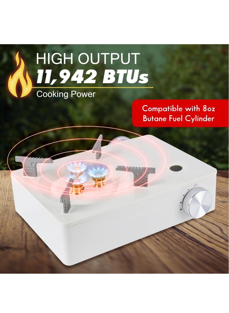 Bukela - Camping Stove with Carry Case | Extra High Output, Single Burner Butane Stove Hiking & Camping Accessories, Emergency Preparedness Portable Outdoor Camp Stove, Propane Burner 11942 BTUs| White - Image 1