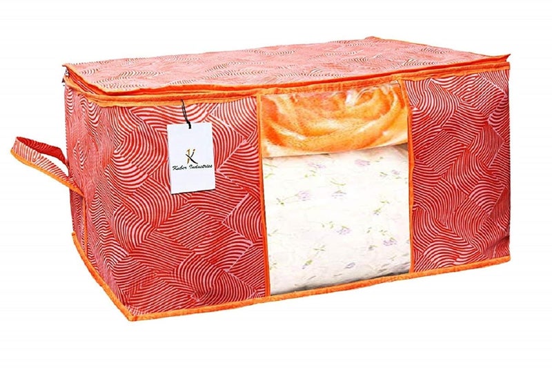Kuber Industries Kuber Industries Leheriya Printed 4 Piece Non Woven Fabric Underbed Storage BagCloth OrganiserBlanket Cover with Transparent Window Orange Blue CTKTC41088  - Image 3