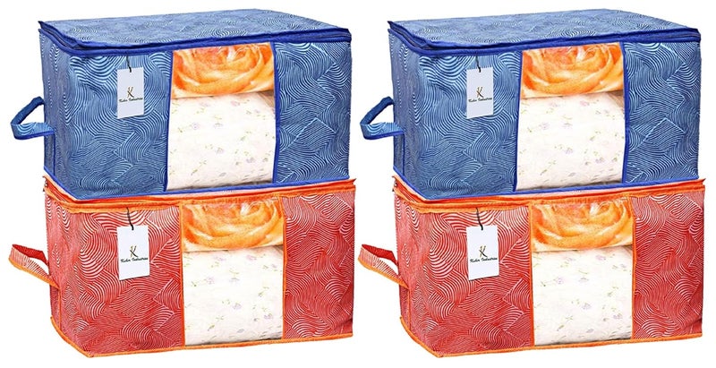 Kuber Industries Kuber Industries Leheriya Printed 4 Piece Non Woven Fabric Underbed Storage BagCloth OrganiserBlanket Cover with Transparent Window Orange Blue CTKTC41088  - Image 1