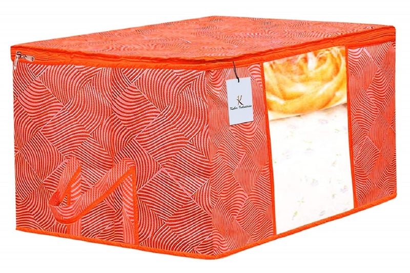 Kuber Industries Kuber Industries Leheriya Printed 4 Piece Non Woven Fabric Underbed Storage BagCloth OrganiserBlanket Cover with Transparent Window Orange Blue CTKTC41088  - Image 4