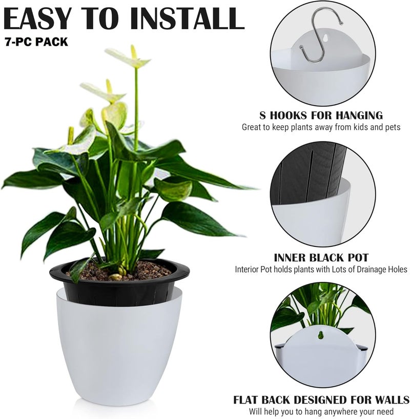 ShoppeWatch Self Watering Wall Planters for Indoor Plants 7 Pack | Hanging Planters Medium 5 Inch with Hooks | White Wall Pots for Plants | 5.0 x 5.3 inches PL34 - Image 4