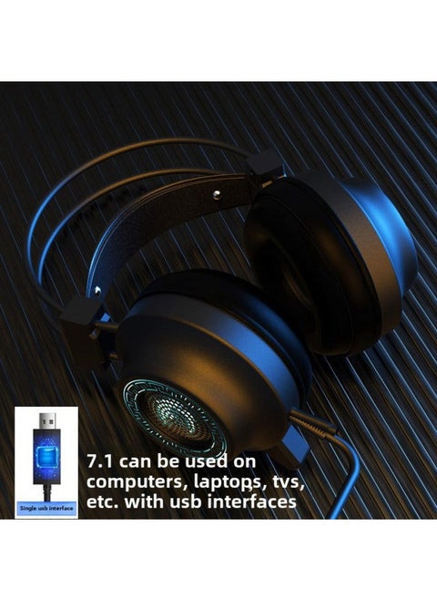 سماعة رأس سلكية عالية الجودة فوق الأذن 7.1 تأثير صوتي USB لألعاب الكمبيوتر مع ميكروفون لمقهى الإنترنت - اللون: أسود-أزرق (واجهة USB/7.1 صوت)