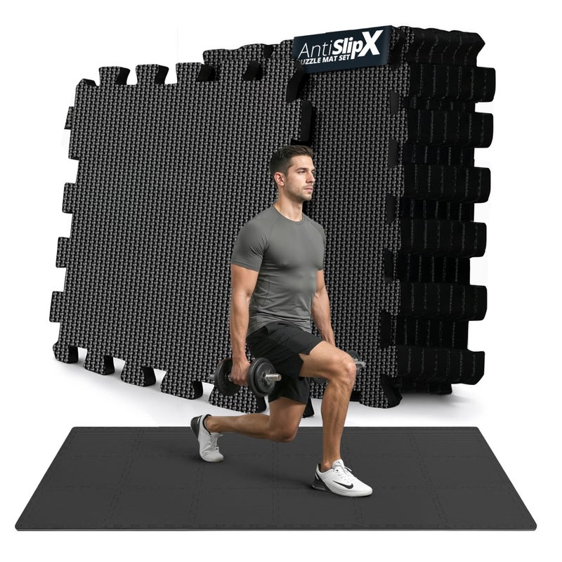 bemaxx Gym Mats Set - 18 pcs EVA Interlocking Foam Floor Tiles (12.6"x12.6"x0.4") 18sqft Protective Gym Flooring Sports Home Workout Exercise Mats Puzzle Garage Fitness Play-Room Pool Treadmill Bike - Image 1