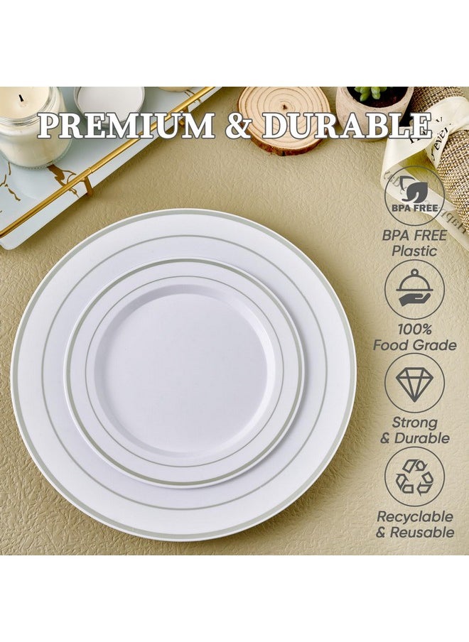 FOCUSLINE FOCUSLINE Silver Plastic Plates Set of 60, Disposable Plates with Silver Rim 30 Dinner Plates 10" and 30 Salad Dessert Appetizer Plate 7", Elegant Fancy Heavy Duty Wedding Party Plates  - Image 4