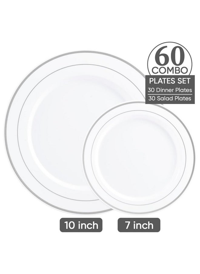 FOCUSLINE FOCUSLINE Silver Plastic Plates Set of 60, Disposable Plates with Silver Rim 30 Dinner Plates 10" and 30 Salad Dessert Appetizer Plate 7", Elegant Fancy Heavy Duty Wedding Party Plates  - Image 2