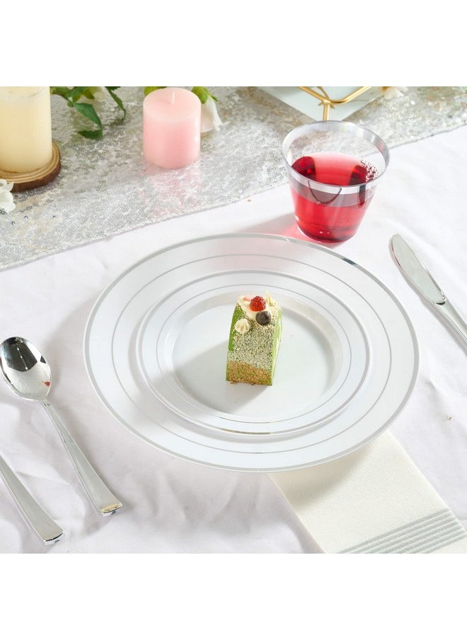 FOCUSLINE FOCUSLINE Silver Plastic Plates Set of 60, Disposable Plates with Silver Rim 30 Dinner Plates 10" and 30 Salad Dessert Appetizer Plate 7", Elegant Fancy Heavy Duty Wedding Party Plates  - Image 3