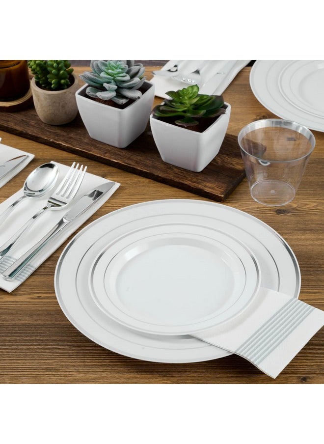 FOCUSLINE FOCUSLINE Silver Plastic Plates Set of 60, Disposable Plates with Silver Rim 30 Dinner Plates 10" and 30 Salad Dessert Appetizer Plate 7", Elegant Fancy Heavy Duty Wedding Party Plates  - Image 5