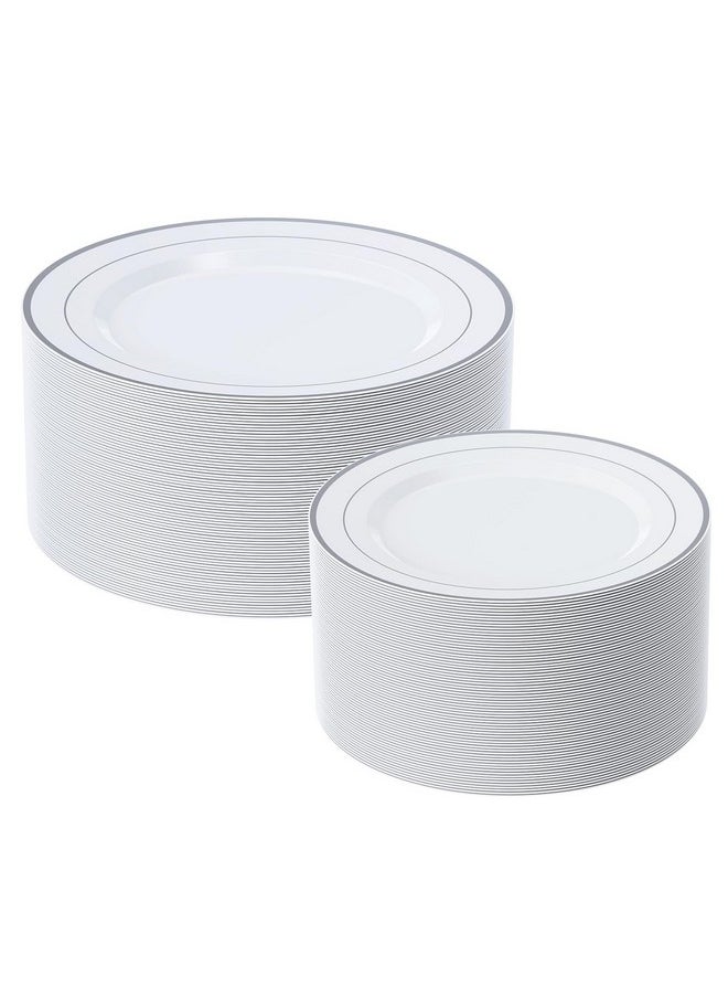 FOCUSLINE FOCUSLINE Silver Plastic Plates Set of 60, Disposable Plates with Silver Rim 30 Dinner Plates 10" and 30 Salad Dessert Appetizer Plate 7", Elegant Fancy Heavy Duty Wedding Party Plates  - Image 1