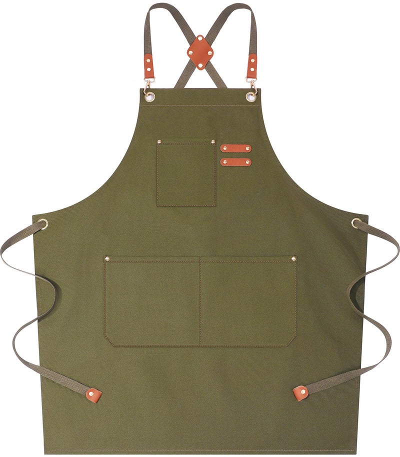 AFUN Chef Aprons for Women Men with Large Pockets Cotton Canvas Cross Back Water Repellent Work Apron Size M to XXL Greygreen