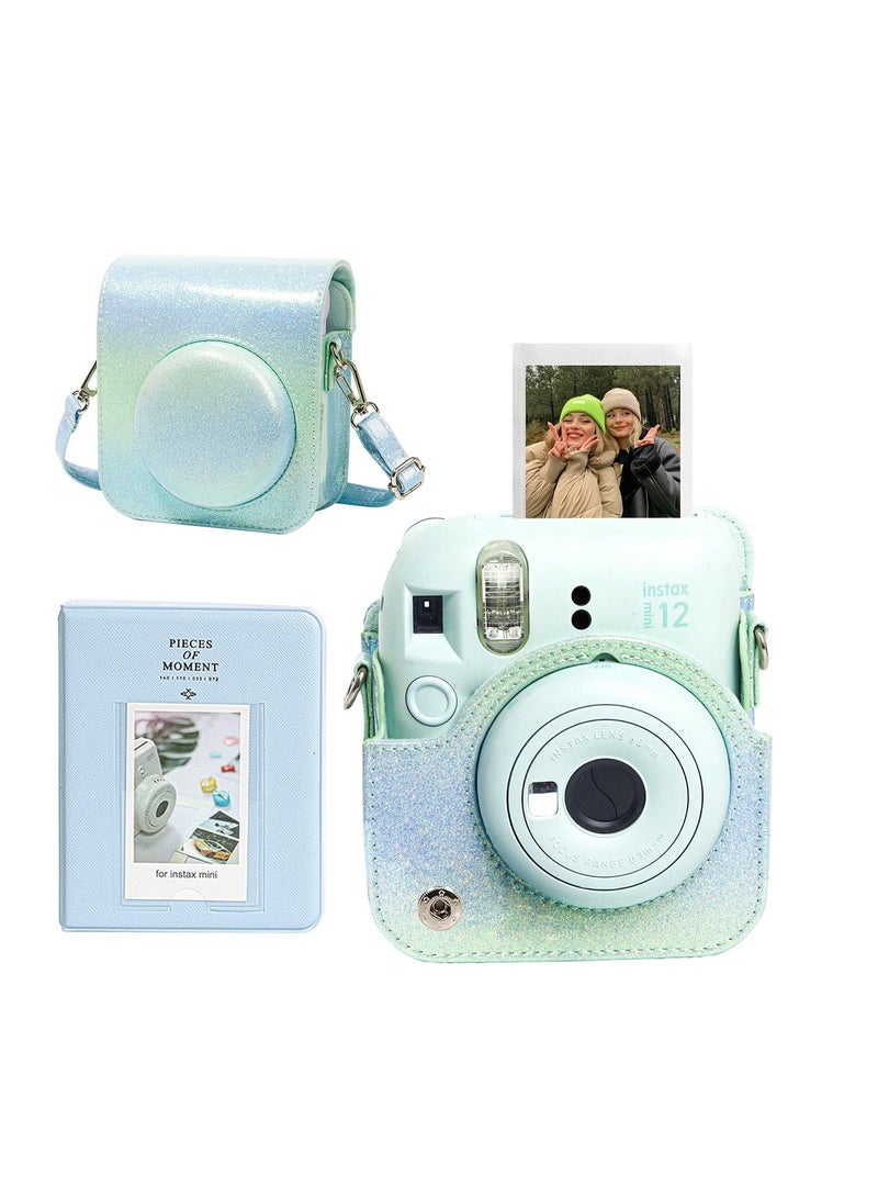 SYOSI Case for Fujifilm Instax Mini 12 Camera Protective PU Leather Bag Cover with Adjustable Shoulder Strap and Mini Photo Album 64 Pockets (Bluish Green) - Image 1