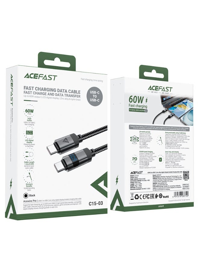 أسيفاست كابل شحن وبيانات ACEFAST C15-03 USB-C إلى USB-C، شحن سريع 60 وات، شاشة عرض LED للطاقة، 1.2 متر مضفر من النايلون، سبيكة زنك - أسود - Image 4