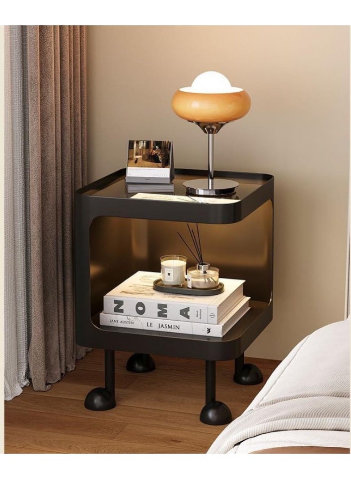 Minimalist modern bedside table, living room sofa side table, bedroom small coffee table, tempered glass tabletop, with LED sensor light (35*35*50cm, Black) - Image 1