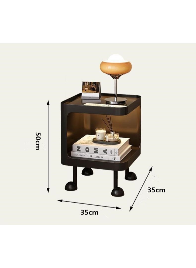 Minimalist modern bedside table, living room sofa side table, bedroom small coffee table, tempered glass tabletop, with LED sensor light (35*35*50cm, Black) - Image 2