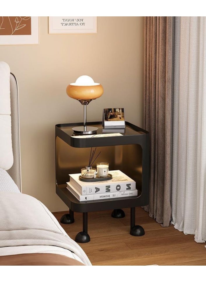 Minimalist modern bedside table, living room sofa side table, bedroom small coffee table, tempered glass tabletop, with LED sensor light (35*35*50cm, Black) - Image 3