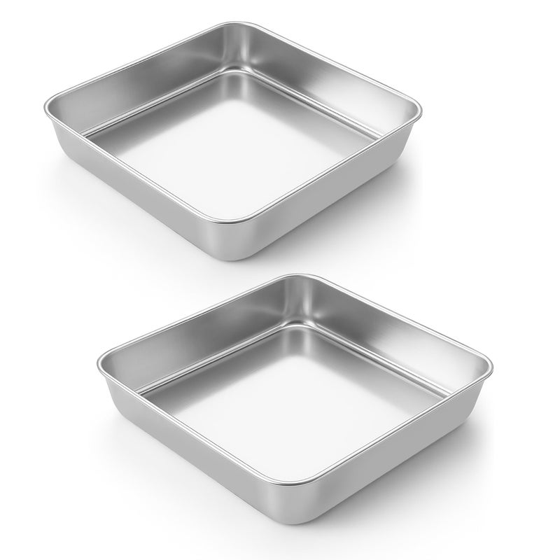 LIANYU 2 Pack 8 x 8 Inch Square Cake Pan, Stainless Steel Baking Lasagna Brownie Bread Pan, Square Bakeware for Birthday Party Wedding, Oven & Dishwasher Safe - Image 1