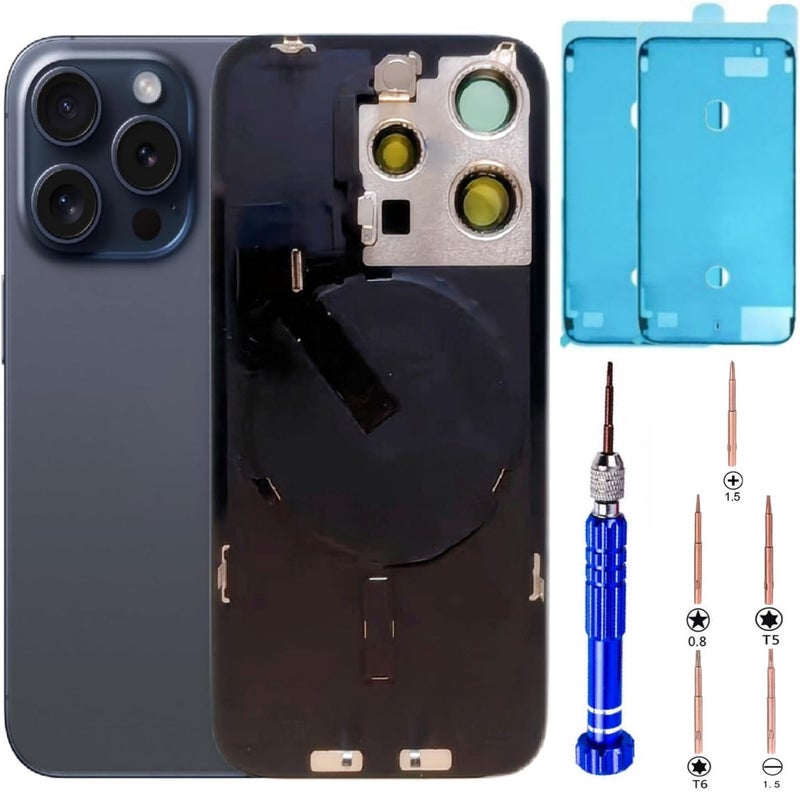 ZVB طقم استبدال زجاج خلفي 15 برو مع لوحة وكابل مرن وجميع الأجزاء، تيتانيوم أزرق، 6.1 بوصة لجهاز آيفون 15 برو زجاج الغطاء الخلفي، مع أدوات الإصلاح (تيتانيوم أزرق) - Image 1