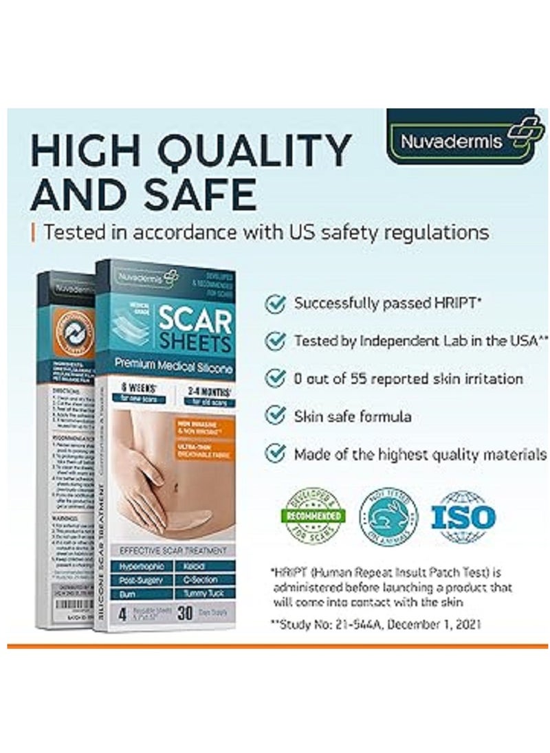 Nuvadermis - NUVADERMIS Silicone Scar Sheets Dermatologically Tested in USA As Surgical Cream Gel Tape Strips Patches Keloid C Section Tummy Tuck Surgery Scars Removal Treatment 4 Pack 5.7"x1.57" - Image 1