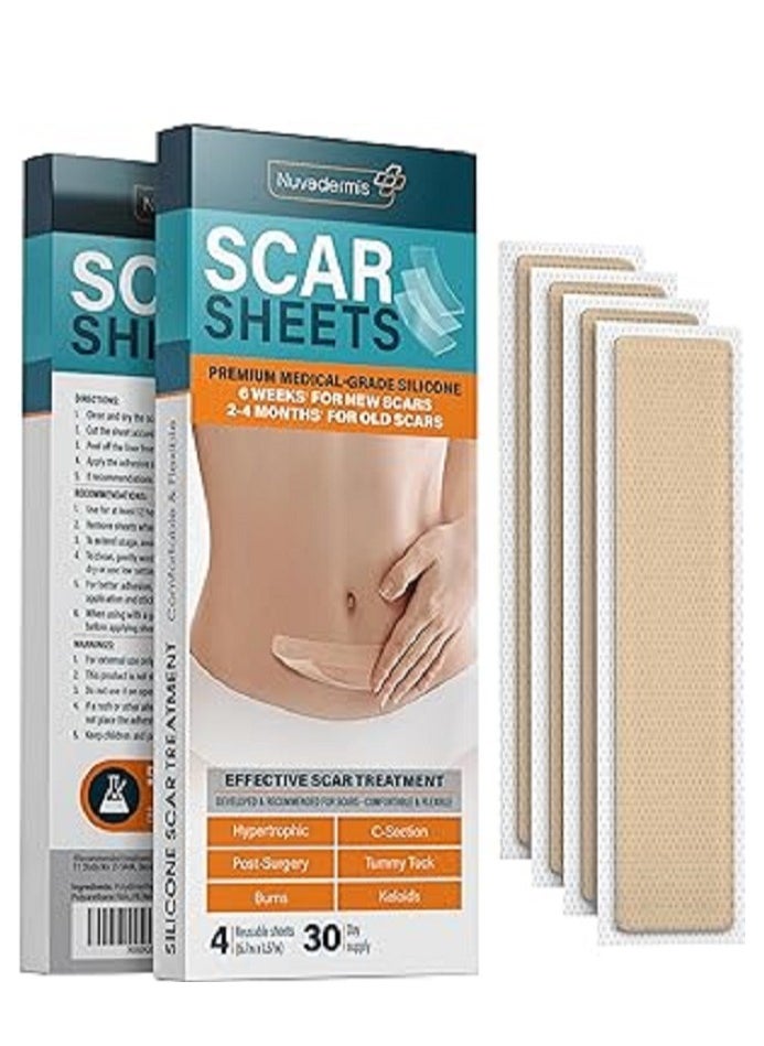 Nuvadermis - NUVADERMIS Silicone Scar Sheets Dermatologically Tested in USA As Surgical Cream Gel Tape Strips Patches Keloid C Section Tummy Tuck Surgery Scars Removal Treatment 4 Pack 5.7"x1.57" - Image 1