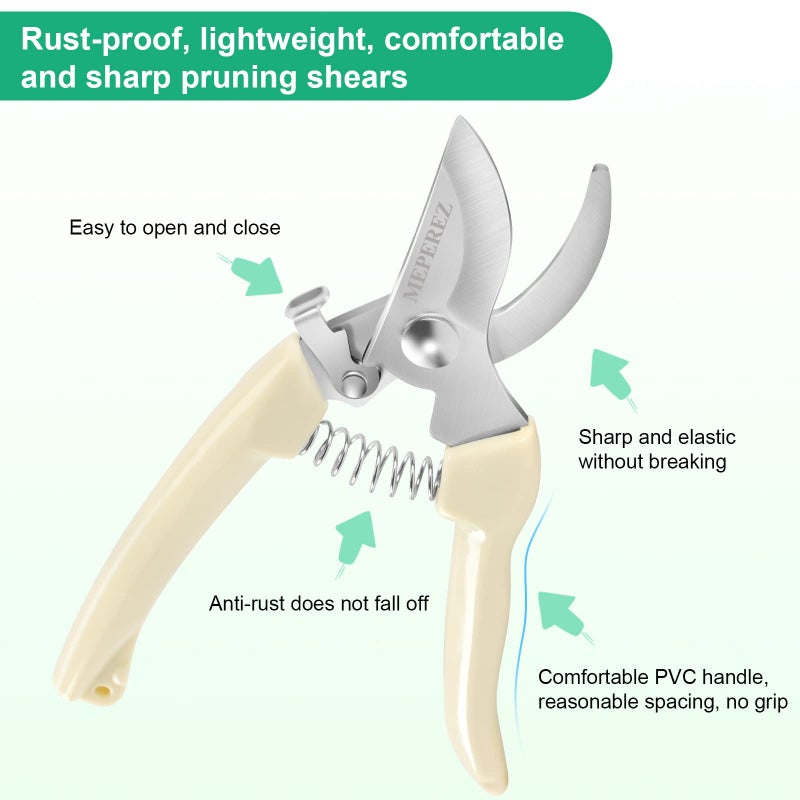 MEPEREZ Premium garden shears, meperez pruning scissors gardening tools, pruners for flower, bushes, rose and fruit tree, use for florist, yard and orchard the plant clippers, sharp white steel anvil snips, 2 - Image 2