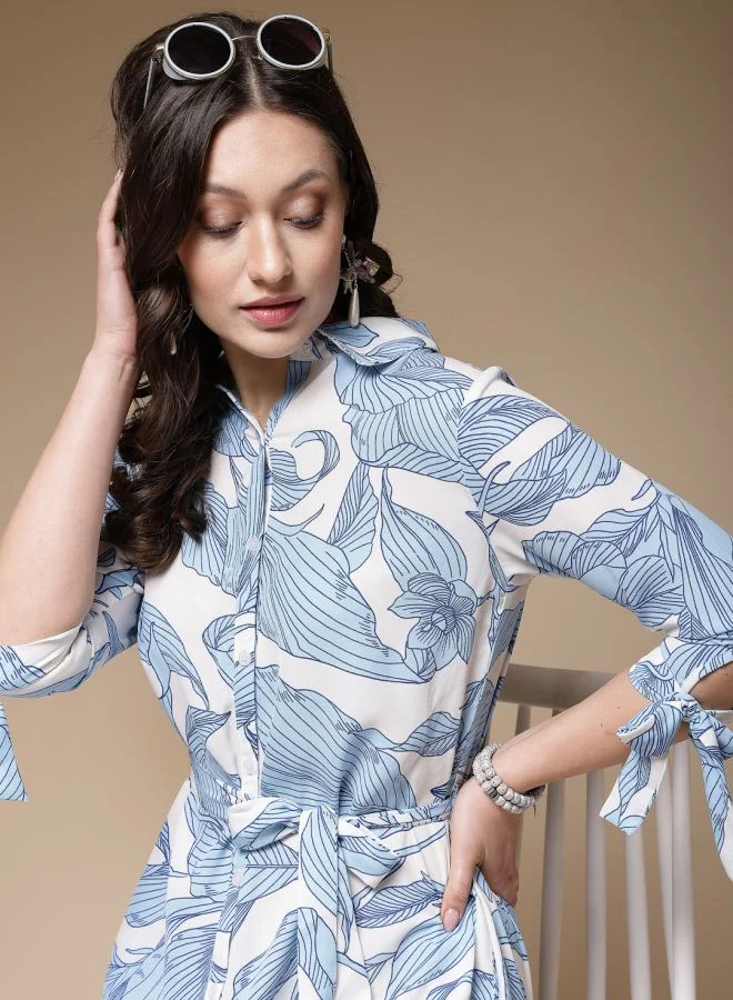 مرفوعة Women Loose Fit Casual Tropical Print Shirt Dress