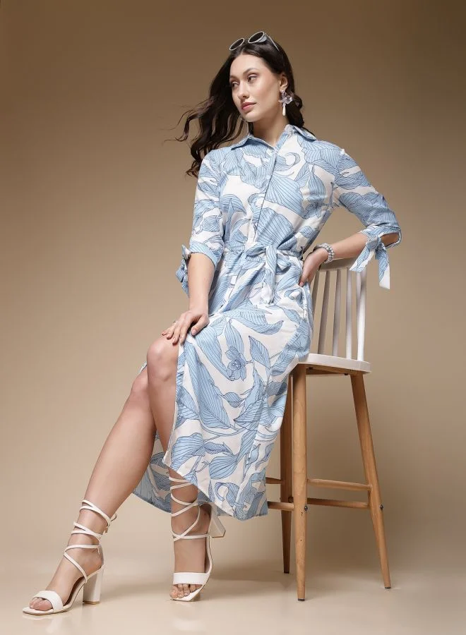 مرفوعة Women Loose Fit Casual Tropical Print Shirt Dress